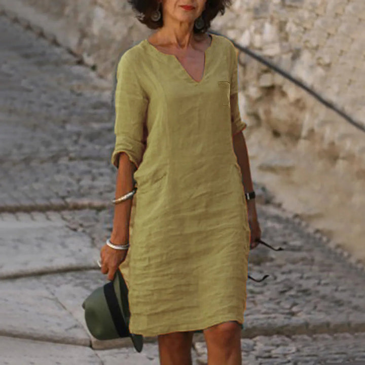 Rona Leinen Shiftkleid mit V-Ausschnitt und Taschen – Lunéa