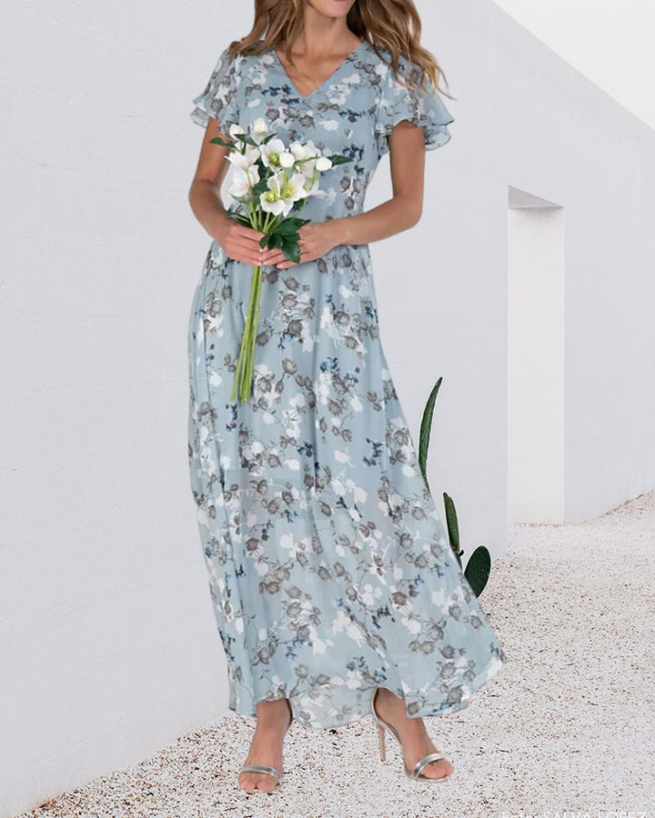 Echoarchiv | Florales Maxikleid Damen Chiffonstoff Luftiges Sommerkleid Maxikleid mit Fließendem Rock