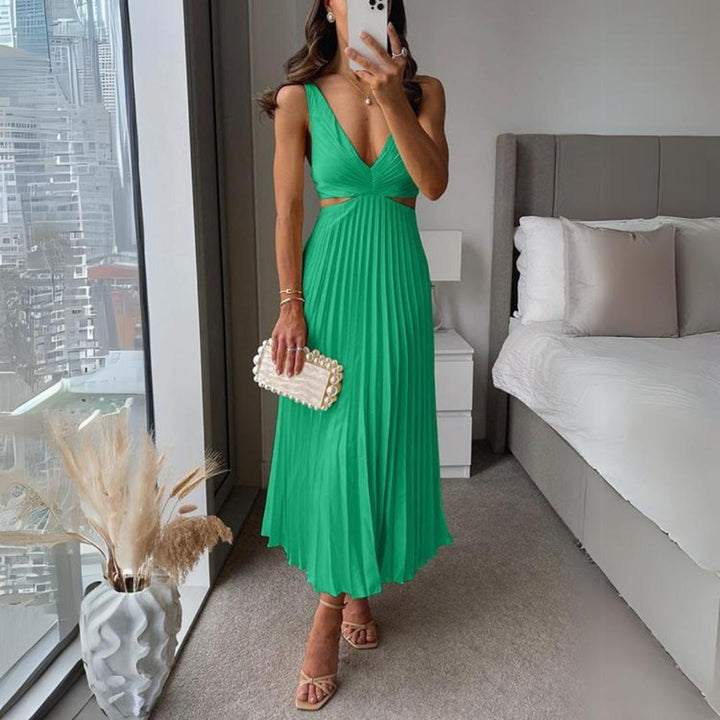 Echoarchiv | Midi Kleid Ärmellos V-Ausschnitt Twist Front & Cut Out Detail Plissierter Rock