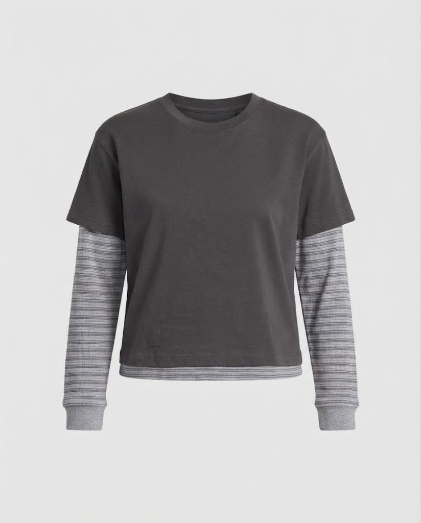 Damen Lagenlook Langarmshirt mit integriertem Kurzarm-Overlay und Streifenärmeln Echo Archiv