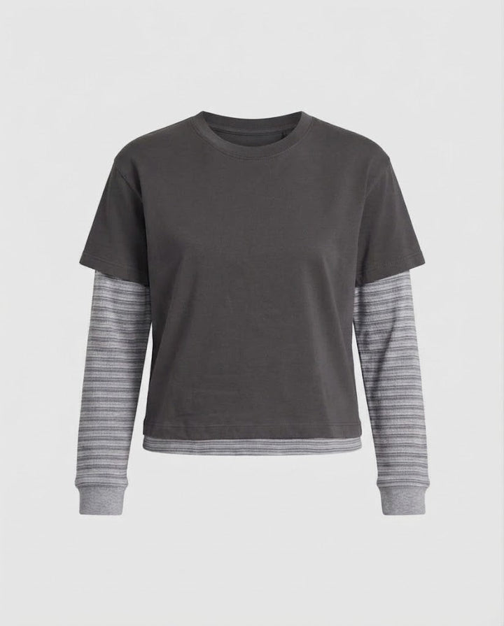 Damen Lagenlook Langarmshirt mit integriertem Kurzarm-Overlay und Streifenärmeln Echo Archiv