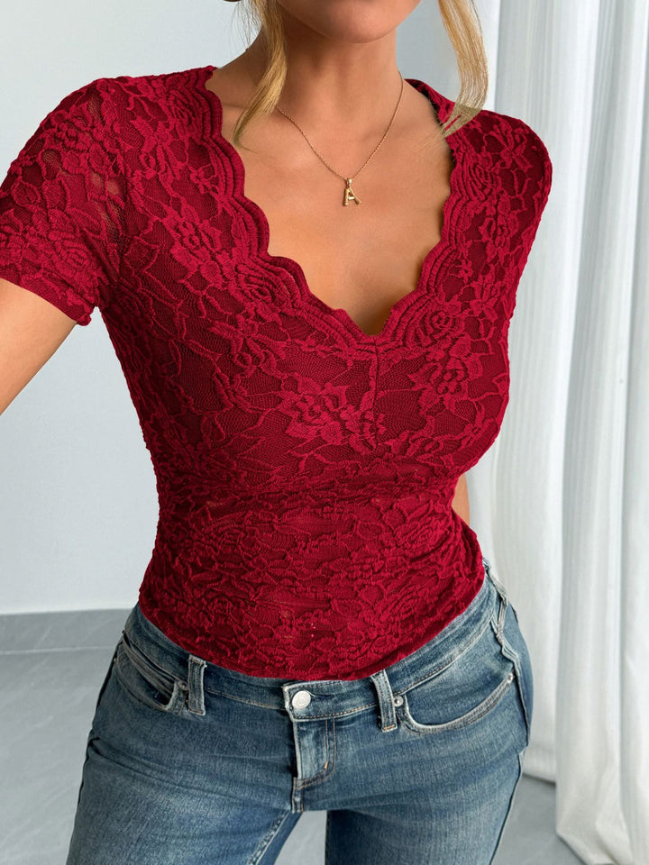 Damen Einfarbig Sexy Spitze V-Ausschnitt Kurzarm – Avérine