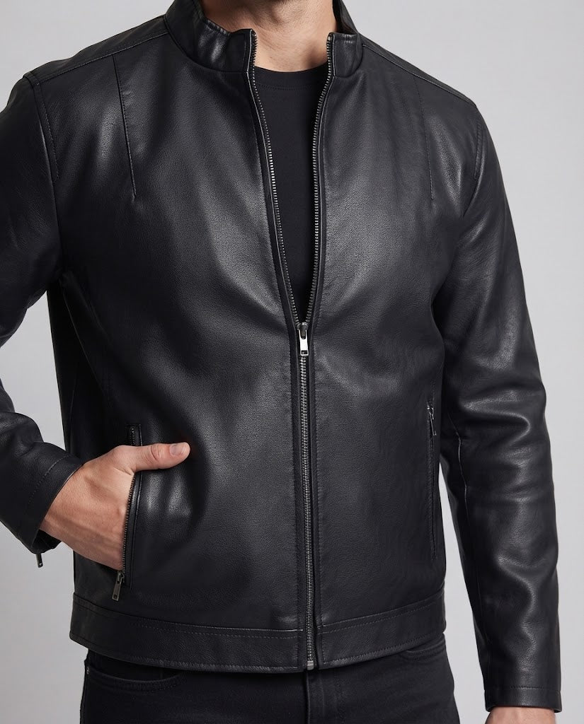 Herren schmal geschnittene Biker‑Blousonjacke in Lederoptik mit hochschließendem Kragen und thermoisolierter Innenlage Echoarchiv