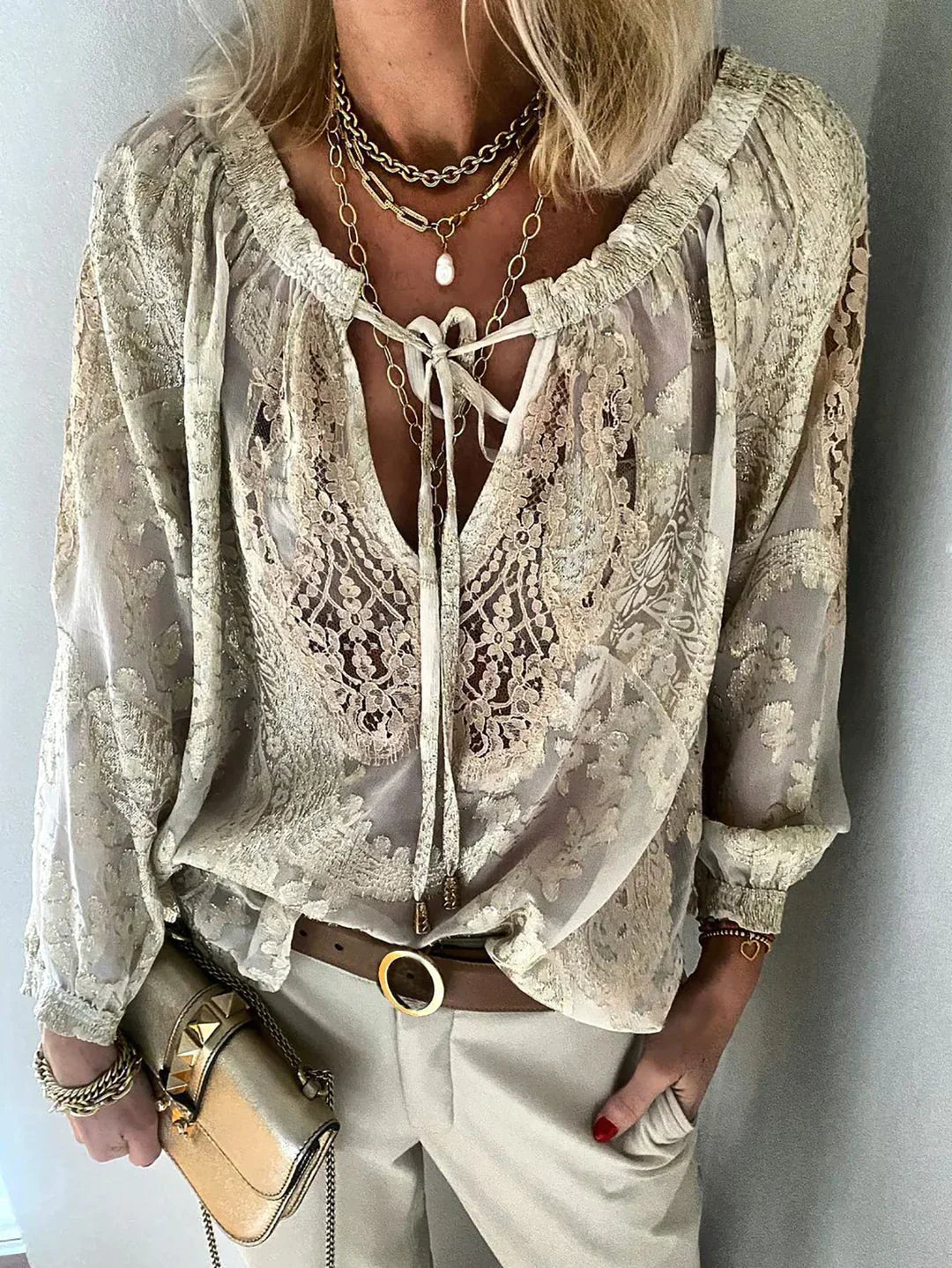Echoarchiv | V-Ausschnitt Spitzen Chiffon Bluse