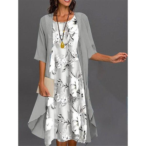 Echoarchiv | Graues Bedrucktes Midikleid mit Oberbekleidung