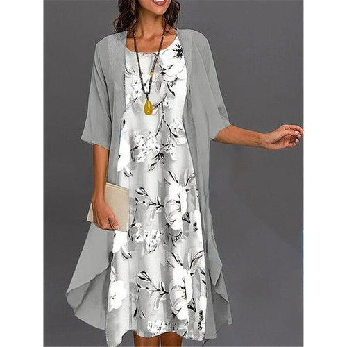 Echoarchiv | Graues Bedrucktes Midikleid mit Oberbekleidung