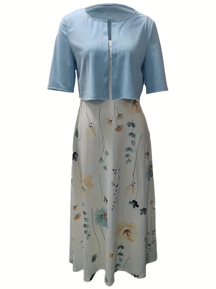 Echoarchiv – elegantes zweiteiliges blumenkleid-set mit einfarbigem crop-top und kleid mit rundhalsausschnitt