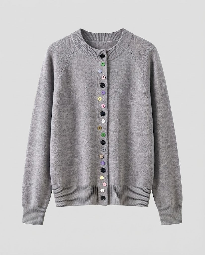 Damen Feinstrick-Cardigan mit bunter Knopfleiste und feinem Rippbund Echoarchiv