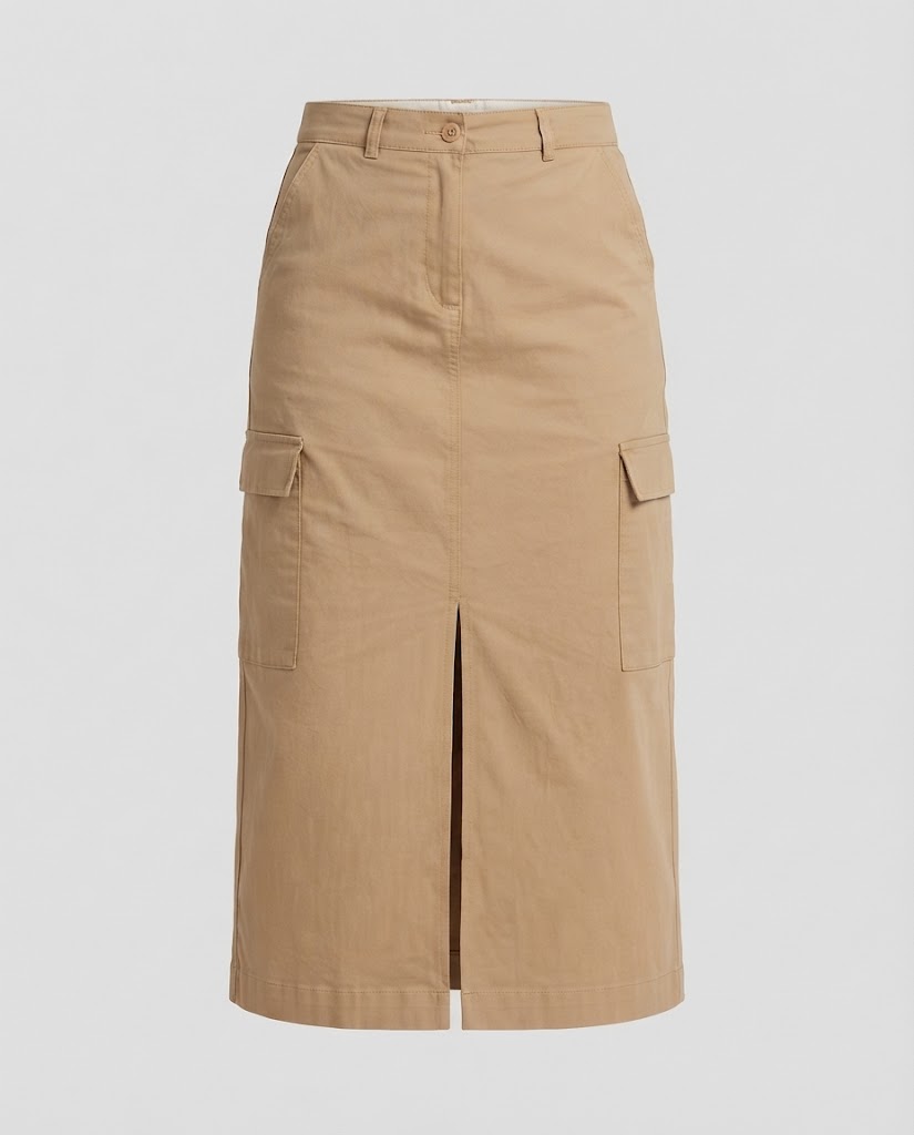 Damen Hochtaillierter Cargo‑Midirock mit Frontschlitz und Aufgesetzten Taschen Echo Archiv
