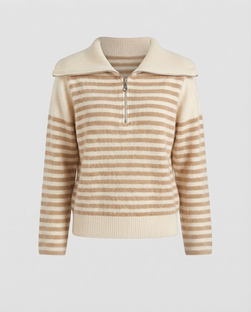 Damen Gestreifter Kurzpullover aus flauschigem Mohair‑Look mit halbem Reißverschluss und überlappendem Kragen Echoarchiv