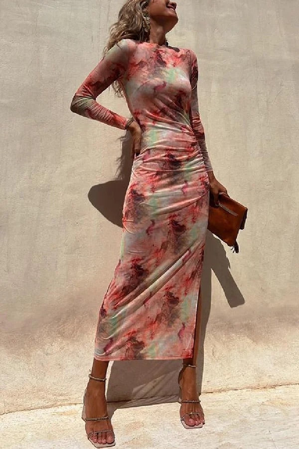 Echoarchiv | Charm Lady Mesh Overlay Tie Dye Print Langarm Rüsch Stretch Midi Kleid
