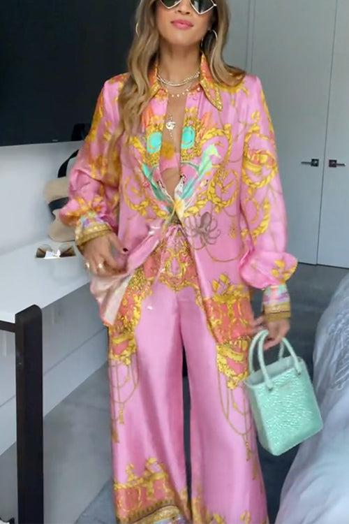 Echoarchiv | Rosiedress Einzigartiger Print Lantern Lange Ärmel Bluse Shirt und Weite Hosen Urlaub Outfit Set