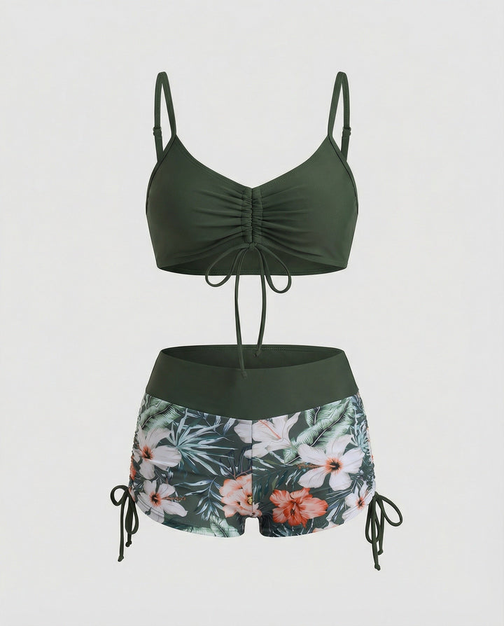 Echoarchiv | 2 Teiliges Bikini mit Grünem Blumenmuster und Hoher Taille