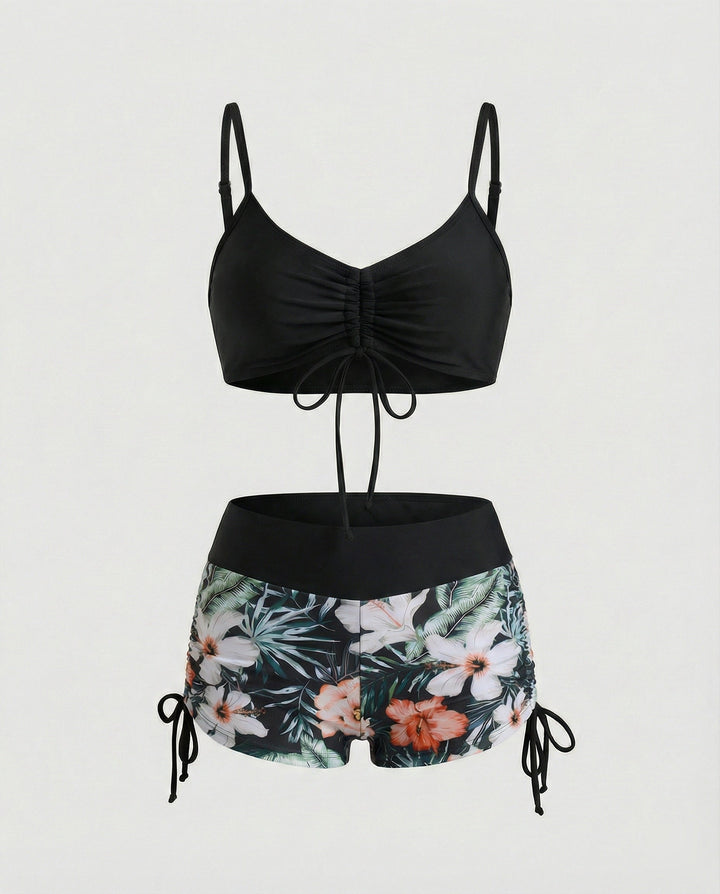 Echoarchiv | 2 Teiliges Bikini mit Grünem Blumenmuster und Hoher Taille