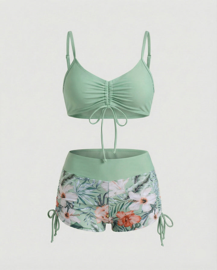 Echoarchiv | 2 Teiliges Bikini mit Grünem Blumenmuster und Hoher Taille