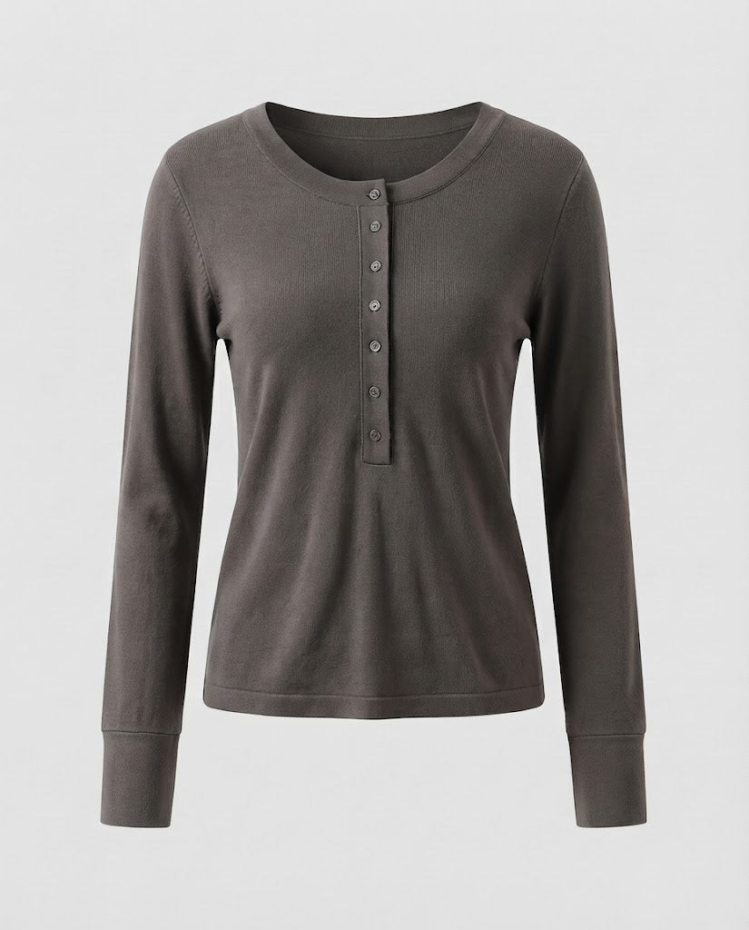 Damen Feines Langarm-Henley aus Feinstrick mit knöpfbarer Mittelblende und schmaler Passform Echoarchiv