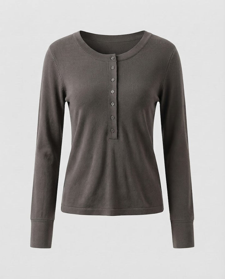 Damen Feines Langarm-Henley aus Feinstrick mit knöpfbarer Mittelblende und schmaler Passform Echoarchiv