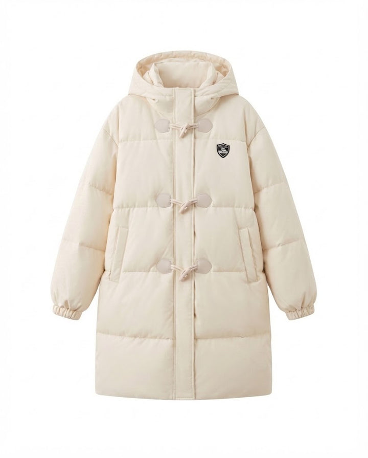 Damen langgeschnittene thermische Pufferjacke mit minimalistischer Knopfleiste, ergonomischem Stehkragen und geräumigen Seitentaschen