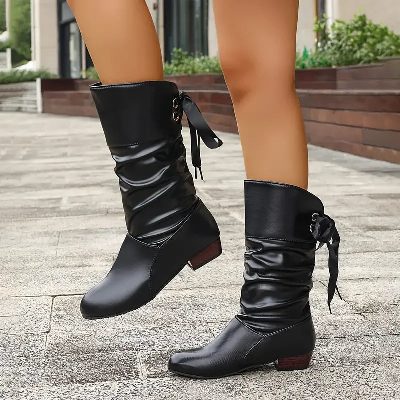 Damenmode Schnürung Chunky Heel Stiefel Bis Zur Wade – Lioré