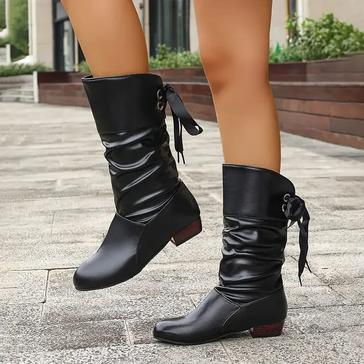 Damenmode Schnürung Chunky Heel Stiefel Bis Zur Wade – Lioré