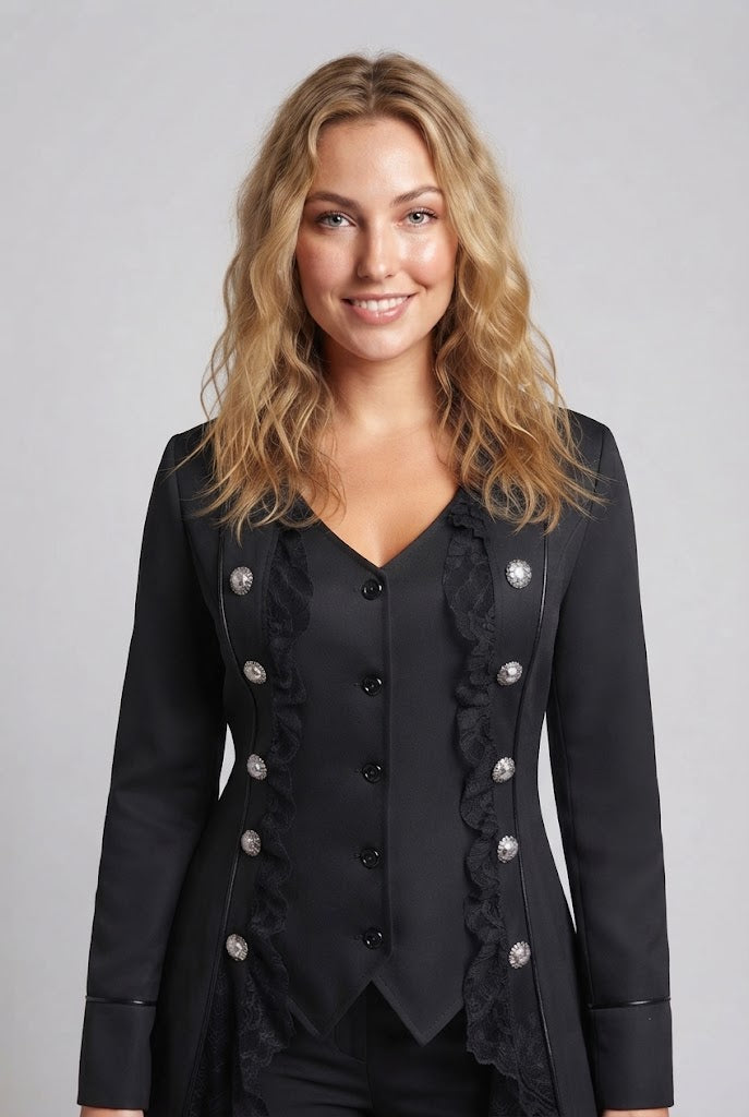 Damen elegante Frack mit Spitze Akzenten und dekorativem Knopfverschluss Echo Archiv