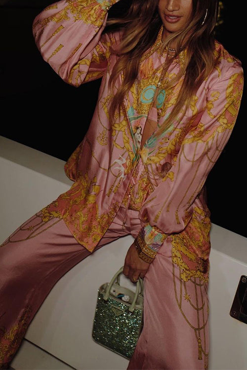 Echoarchiv | Rosiedress Einzigartiger Print Lantern Lange Ärmel Bluse Shirt und Weite Hosen Urlaub Outfit Set
