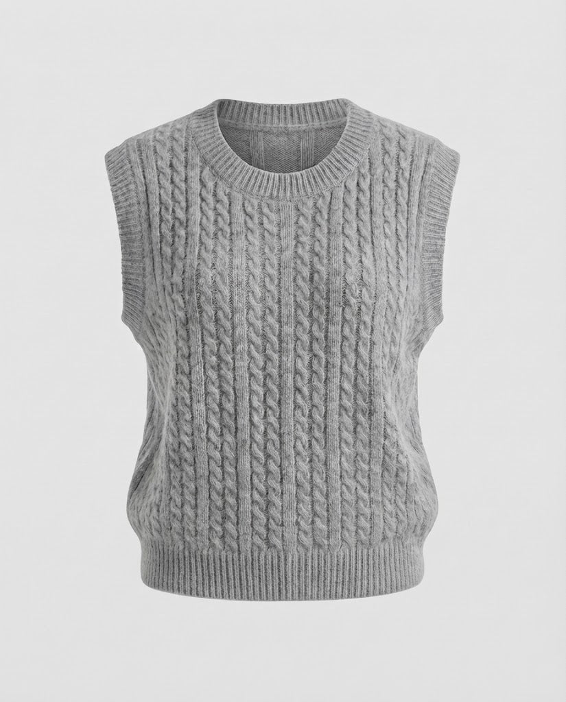Damen Ärmellose Zopfstrick‑Weste im Mohair‑Look mit rundem Ausschnitt Echoarchiv