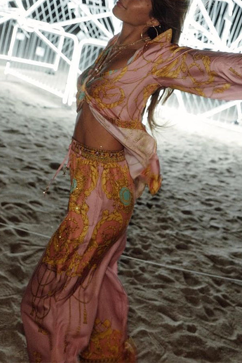 Echoarchiv | Rosiedress Einzigartiger Print Lantern Lange Ärmel Bluse Shirt und Weite Hosen Urlaub Outfit Set