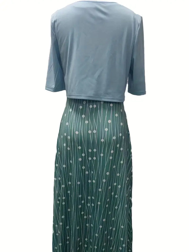 Echoarchiv – elegantes zweiteiliges blumenkleid-set mit einfarbigem crop-top und kleid mit rundhalsausschnitt
