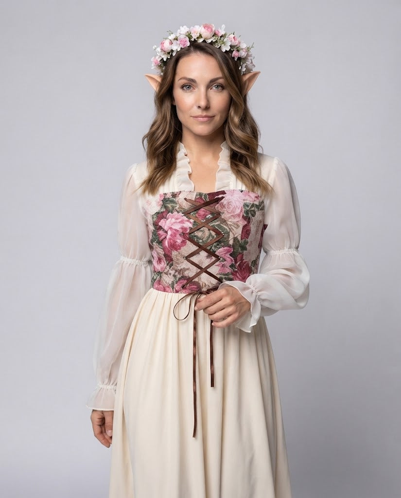 Damen romantisches Maxikleid mit floralem Design und transparenten Puffärmeln Echo Archiv