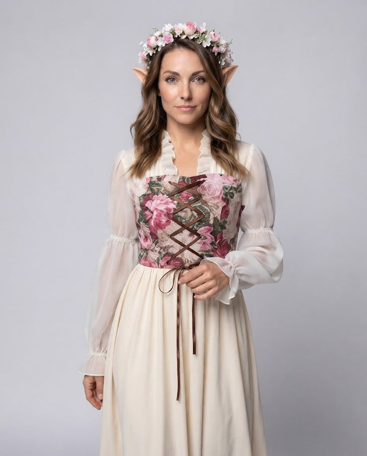 Damen romantisches Maxikleid mit floralem Design und transparenten Puffärmeln Echo Archiv