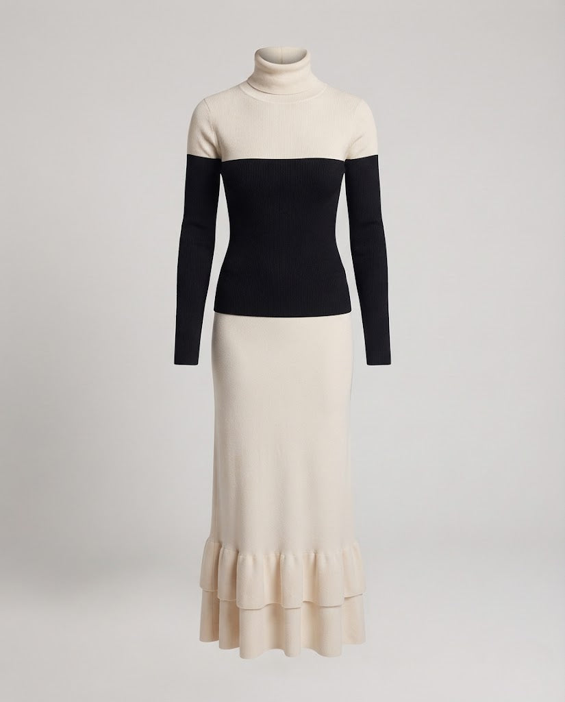 Damen Zweifarbiges tailliertes Midikleid mit Rollkragen aus Feinstrick Echo Archiv