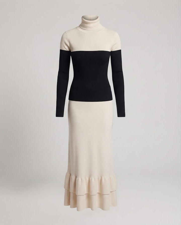 Damen Zweifarbiges tailliertes Midikleid mit Rollkragen aus Feinstrick Echo Archiv
