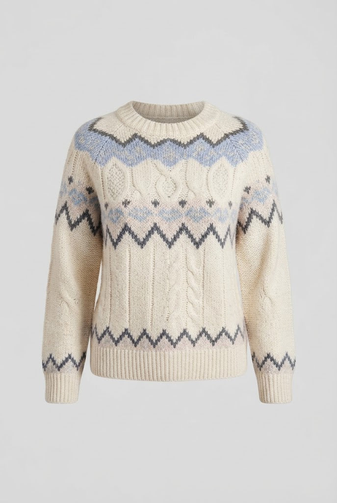 Damen Norwegermuster Rundhalspullover aus Wollmix mit geripptem Saum Echo Archiv