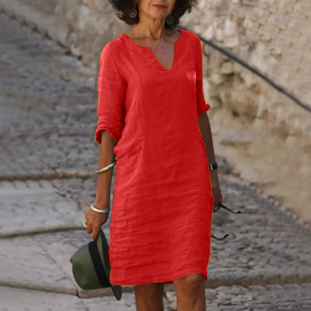 Rona Leinen Shiftkleid mit V-Ausschnitt und Taschen – Lunéa