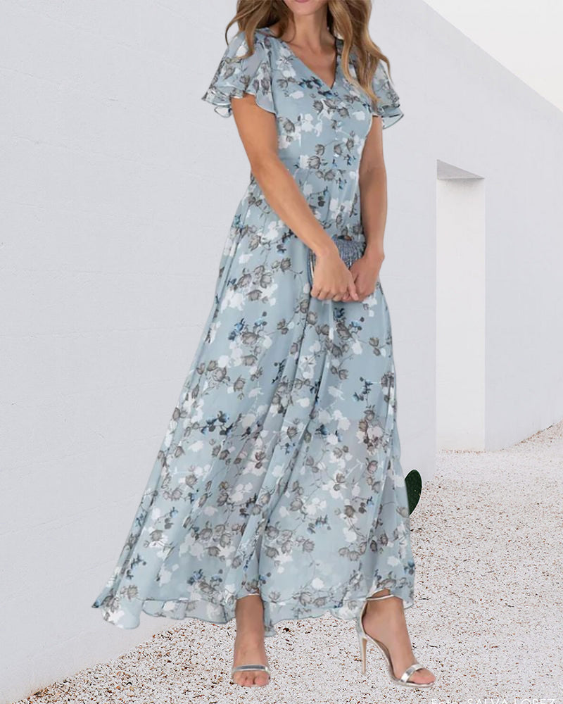Echoarchiv | Florales Maxikleid Damen Chiffonstoff Luftiges Sommerkleid Maxikleid mit Fließendem Rock