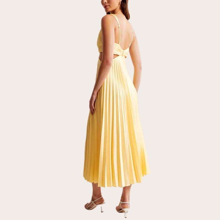 Echoarchiv | Midi Kleid Ärmellos V-Ausschnitt Twist Front & Cut Out Detail Plissierter Rock