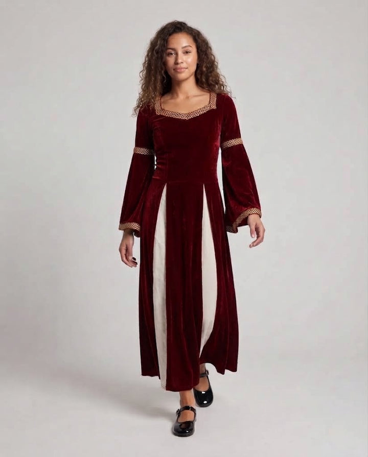 Frauen Historisches Samtkleid mit Ausgestellten Ärmeln und Dekorativem Kragen Echo Archiv