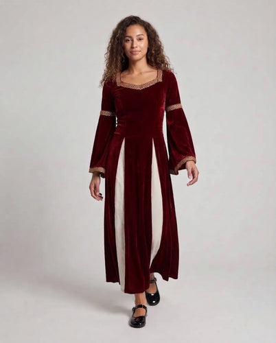 Frauen Historisches Samtkleid mit Ausgestellten Ärmeln und Dekorativem Kragen Echo Archiv