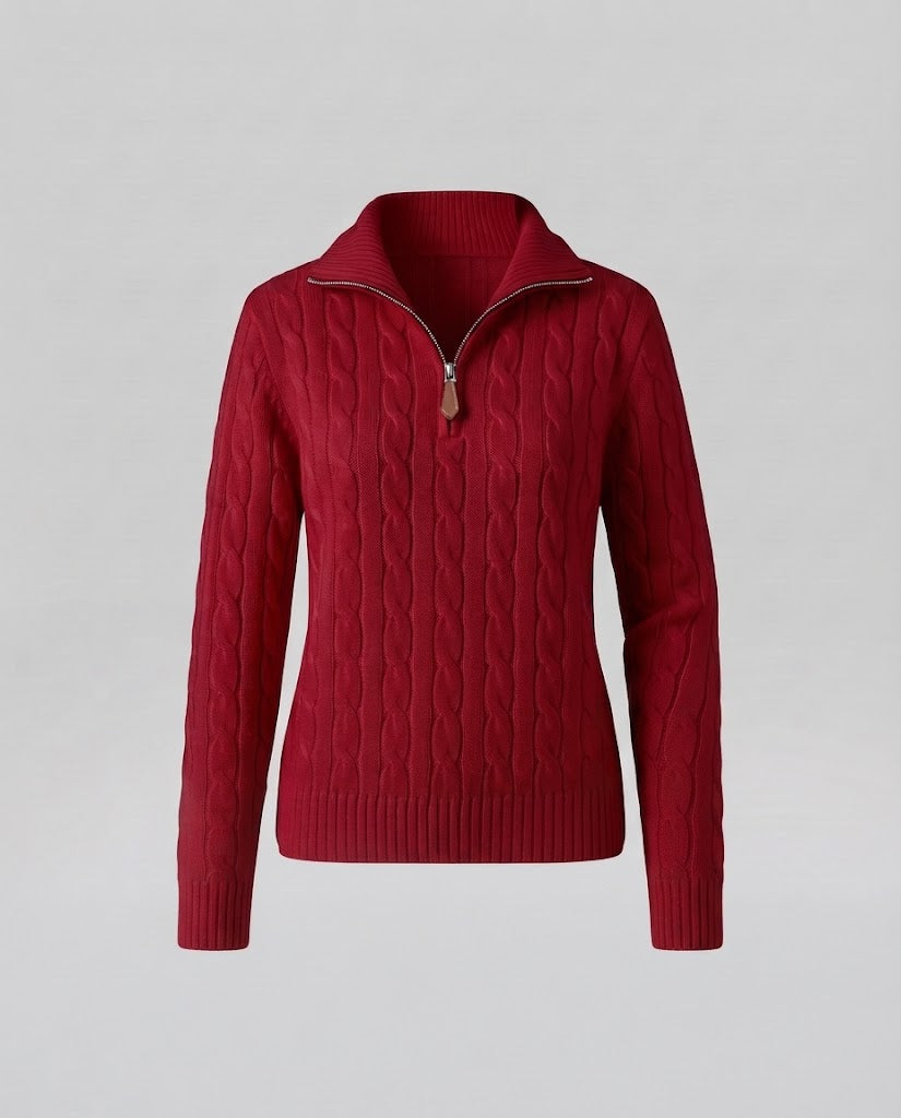 Damen Kabelstrick-Pullover mit halbem Reißverschluss und Stehkragen Echoarchiv