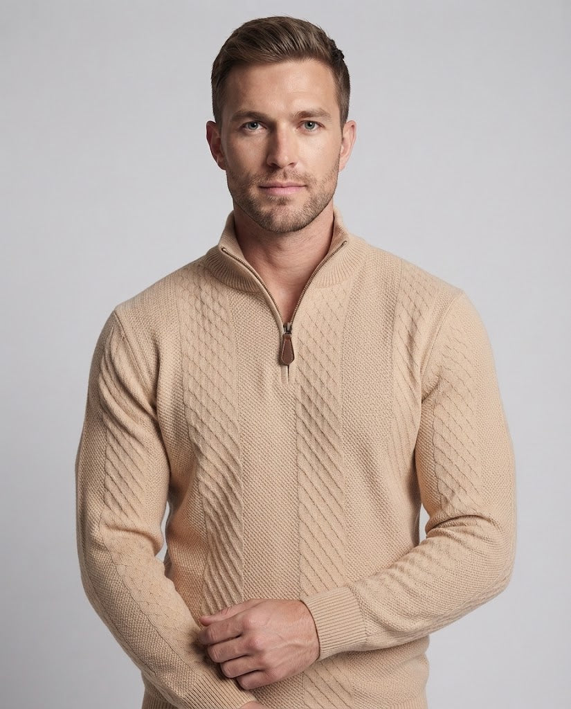 Herren Troyer-Pullover mit Diamantstruktur, Halbzip und Leder-Zipper Echo Archiv
