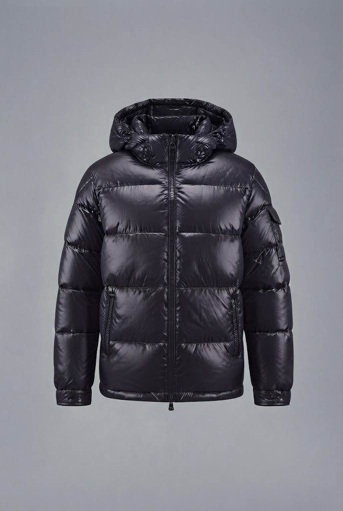 Herren glänzende gesteppte Winterjacke mit Kapuze, winddichte Außenhülle & Reißverschlusstaschen Echoarchiv