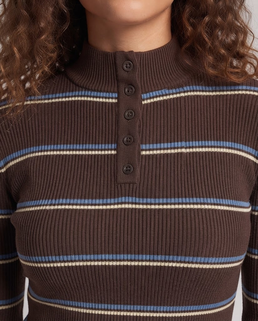 Damen Gestreifter Rippstrick-Pullover mit Stehkragen, Knopfleiste und Kontrastbündchen Echo Archiv
