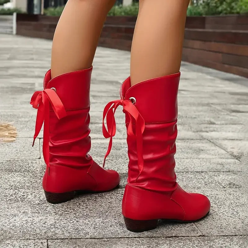 Damenmode Schnürung Chunky Heel Stiefel Bis Zur Wade – Lioré