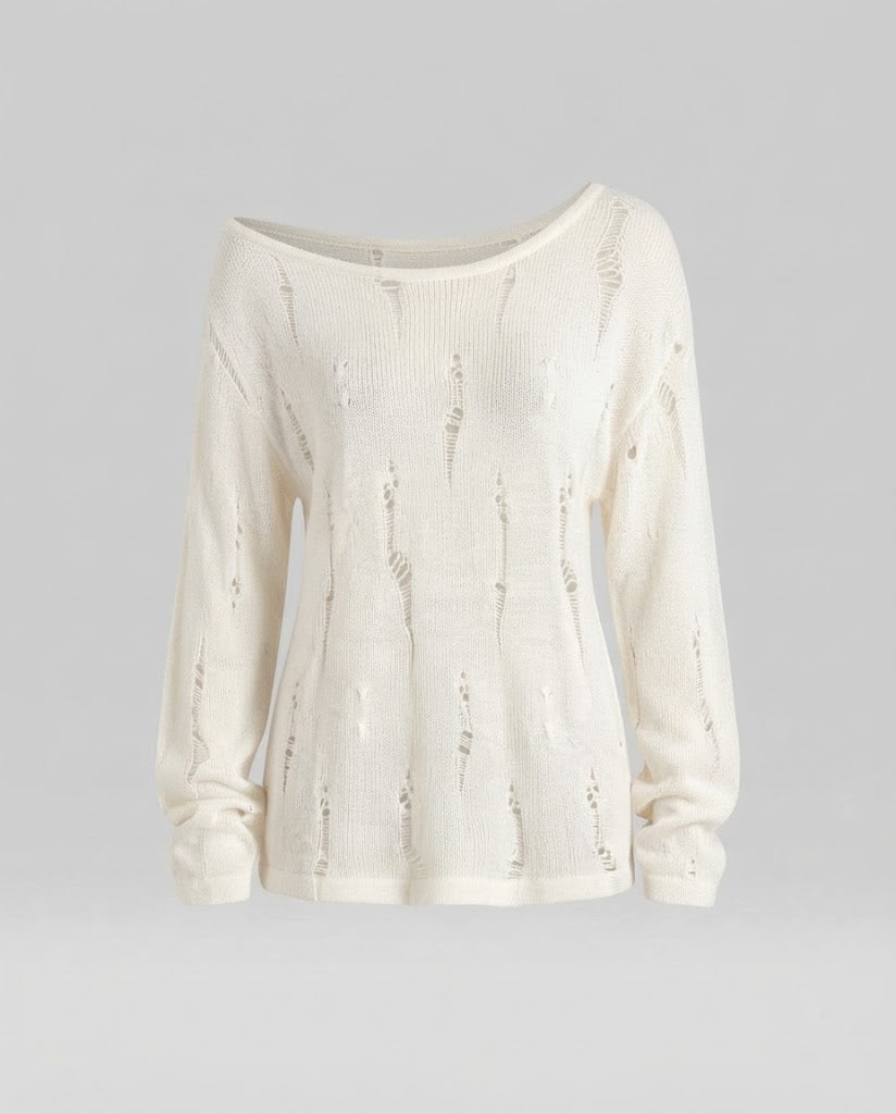 Damen Lässiger Off-Shoulder Feinstrickpullover mit Destroyed‑Optik und weiter Silhouette Echo Archiv