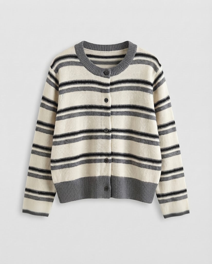 Damen Gestreifter Kurzcardigan im Retro‑College‑Look aus softem Wollmix mit Kontrastbündchen Echoarchiv