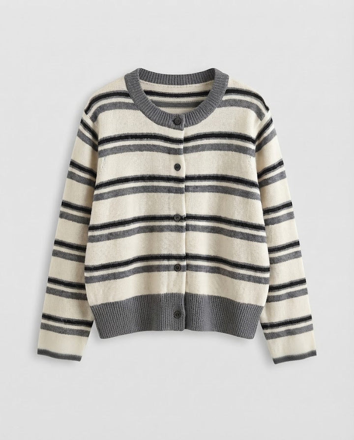 Damen Gestreifter Kurzcardigan im Retro‑College‑Look aus softem Wollmix mit Kontrastbündchen Echoarchiv