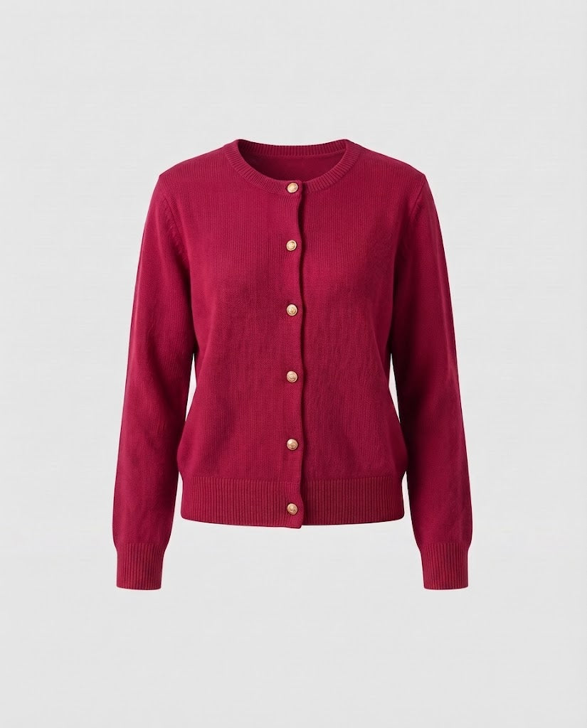 Damen Boxy-Knopfcardigan aus feinem Strick mit goldschimmernden Schmuckknöpfen und gerippten Abschlüssen Echoarchiv