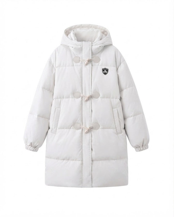 Damen langgeschnittene thermische Pufferjacke mit minimalistischer Knopfleiste, ergonomischem Stehkragen und geräumigen Seitentaschen