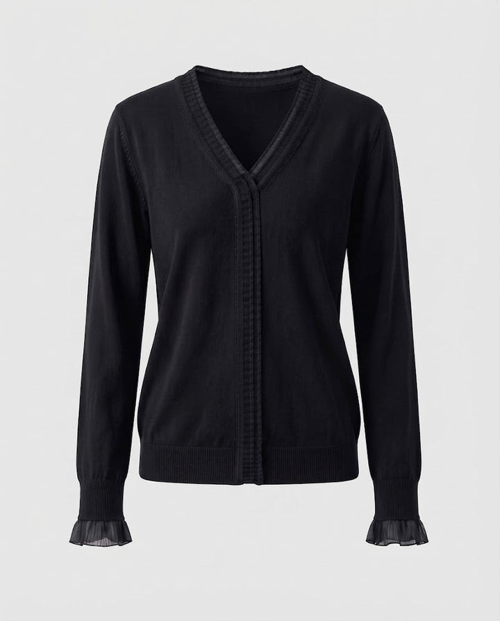 Damen Feiner V‑Ausschnitt-Feinstrickpullover mit plisseeverzierten Kanten und fließender Silhouette Echoarchiv